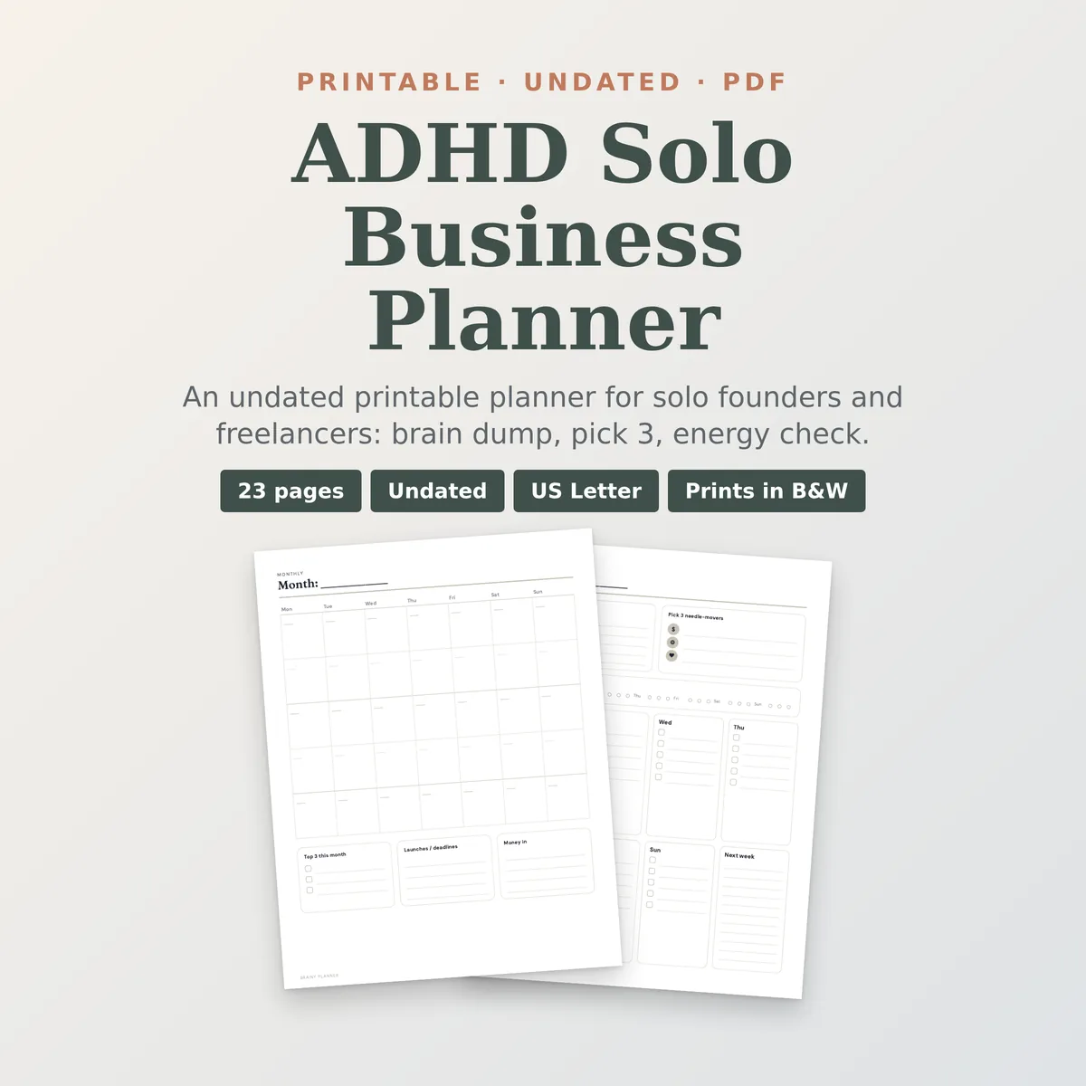 ADHD Solo Business Planner (Printable, Undated)