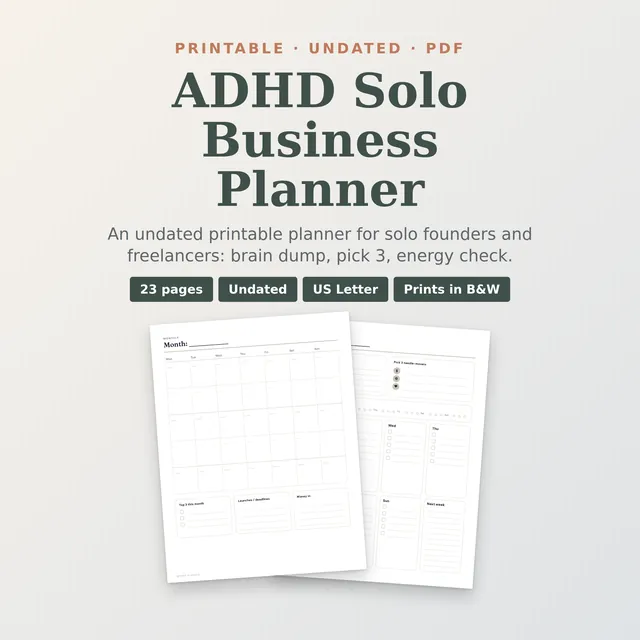 ADHD Solo Business Planner (Printable, Undated)