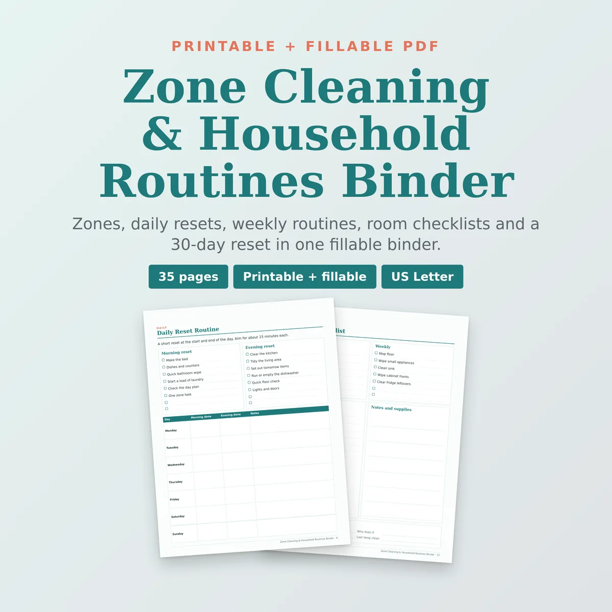 Zone Cleaning & Household Routines Binder